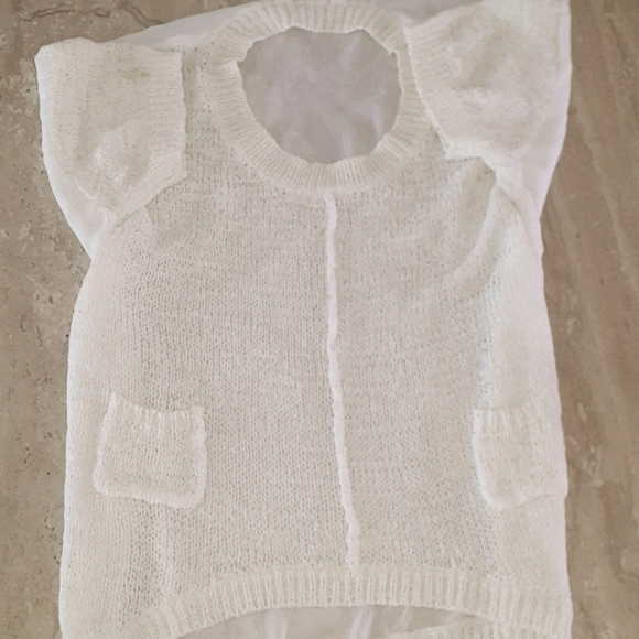 Cream Top Sweater Chiffon an Knit Short Sleeve Baggy Slouch - Picture 1 of 8